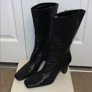 Black Square Toe Leather Boots